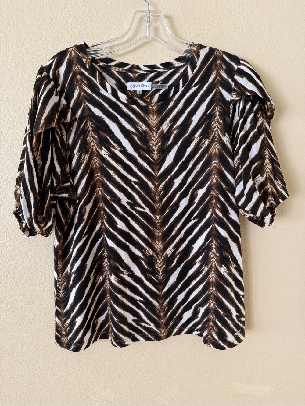 Calvin Klein Zebra-Stripe V-Neck Puff Sleeve Top in Brown and White